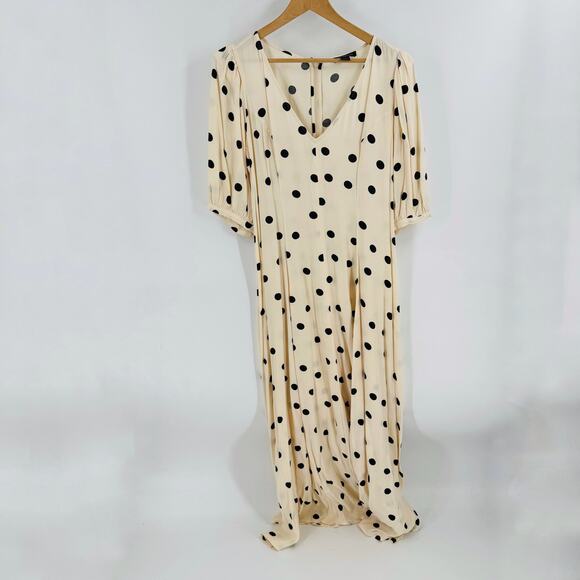 Something Navy Polka Dot V-Neck Midi Dress Chic Elbow Sleeve Feminine Vibe Sz 1 - Picture 2 of 9